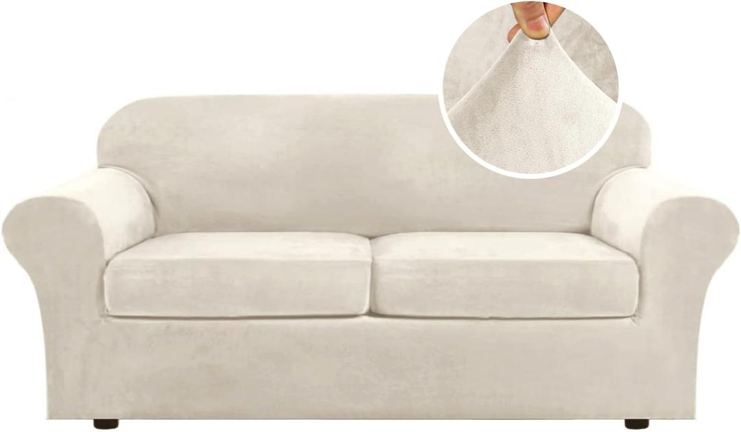 H.VERSAILTEX Real Velvet Plush 3 Piece Stretch Sofa Covers Couch Covers for 2 Cushion Couch Sofa Slipcovers Width Up to 90 Inch Feature Thick Soft Stay in Place (Large Sofa, Ivory)