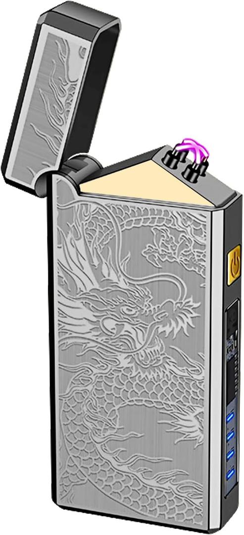 Rechargeable Lighter USB Electric Lighter for Camping, Flameless Dual Arc Lighter with LED Battery Indicator, Plasma Lighter for Men(Black Dragon)
