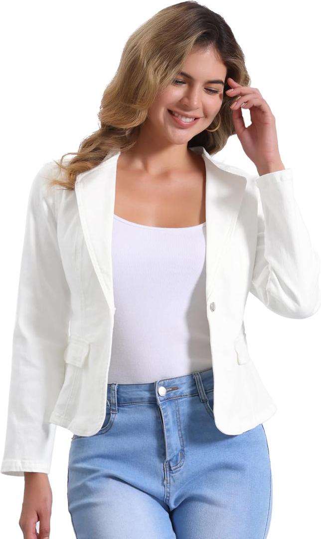 Allegra K Womens Jean Jacket Collarless Long Sleeve One Button Lightweight Denim Blazer Cropped Denim Jacket (X-Small, Beige Less White More)