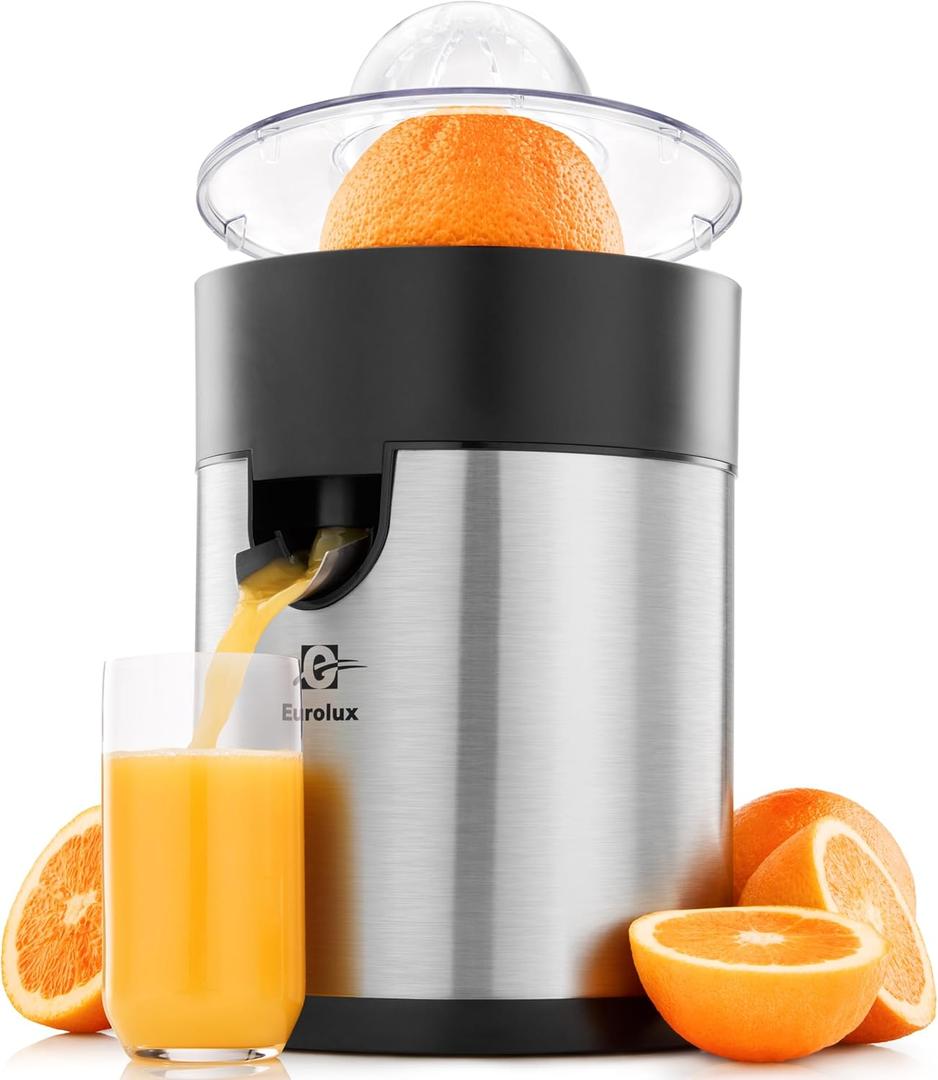 Eurolux Electric Orange Juicer, Sleek Effortless Citrus Juice Squeezer for Lemon, Lime, Grapefruit | Powerful Motor, Easy to Clean, Removable Dishwasher-Safe Parts (Full-Size)
