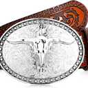 Xuniea Western Belt for Men Longhorn Cowboy Leather Buckle Belt Floral Engraved (39 Inch, Camel Color)