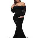 JustVH Maternity Mesh Puff Sleeve Off Shoulder Maxi Photoshoot Dress for Baby Shower Mermaid Hem Party Gown for Photography Black, Size M