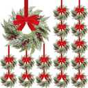 18 Pcs Small Christmas Norfolk Wreaths 15 Inch Christmas Kitchen Cabinet Mini Wreath Real Touch with Bow Ribbon Cedar Red Berry for Xmas Front Door Window Chair Fireplace Table Pillar Farmhouse Decor