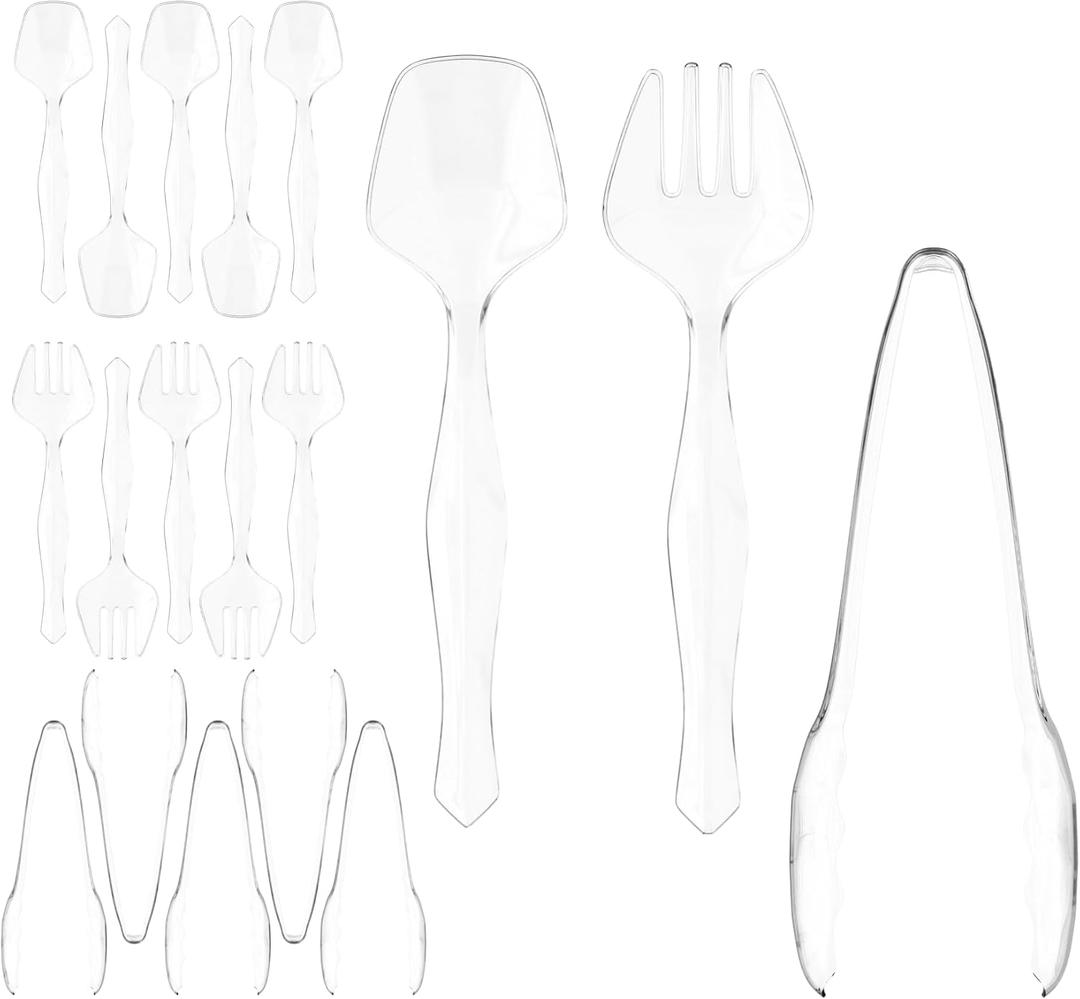 18 Pcs Clear Plastic Serving Utensils Set - 6 Clear Plastic Serving Spoons, 6 Tongs And 6 Forks - Heavy Duty Disposable Serving Utensils Set For Parties
