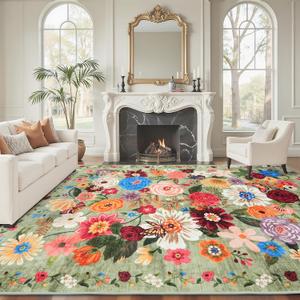 Green Area Rugs 9x12 Washable Non-Slip Floral Low Pile Large Rug for Living Room, Bedroom, Farmhouse, Dining Room