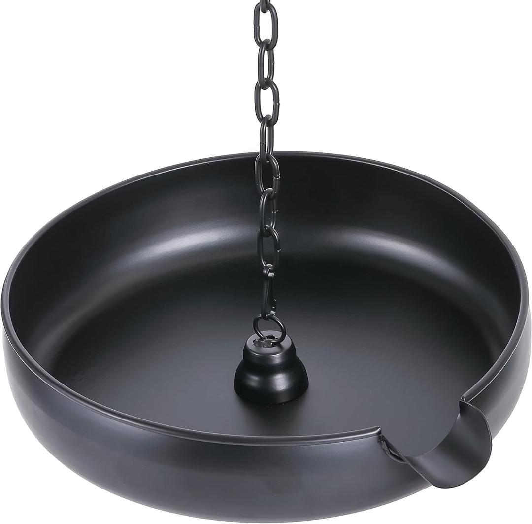 Rain Chain Anchoring Basin, Metal Bowl for Rain Chain Downspout Gutters, Black Rain Chain Basin of Chain Display for Outdoor Garden, Lawn and Patio Water Feature, 10.23 inch Diameter, 2 Inches High