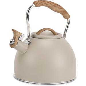 Tea Kettle, Vegoran 100 OZ / 3 Liter Whistling Tea Kettle, Tea Pots for Stove Top Food Grade Stainless Steel with Wood Pattern Folding Handle, Loud Whistle Kettle for Tea, Coffee, Milk (Milk White)