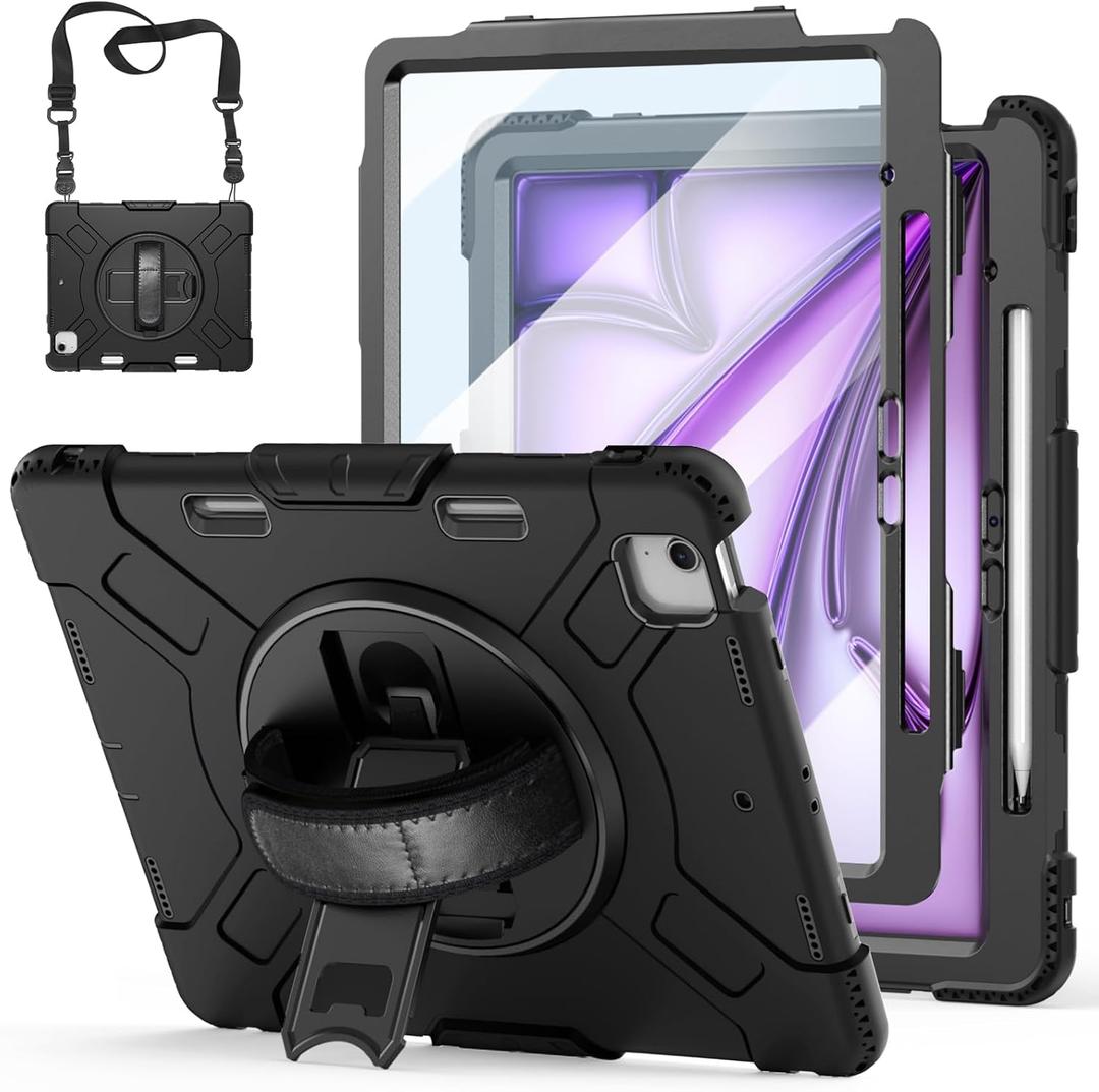 Case for iPad Air 13 Inch M4/M3/M2 (2026/2025/2024): Silicone Shockproof Case with Screen Protector - Stand - Handle - Shoulder Strap - Pen Holder- Black