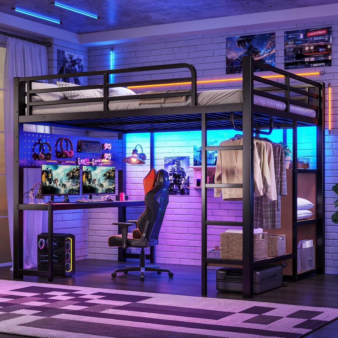 Bellemave Metal Queen Size Loft Bed with Desk and LED Lights,Heavy Duty Loft Bed Frame with Storage Shelves and Charging Station for Kids,Teens,Adults, Space Saving,Black