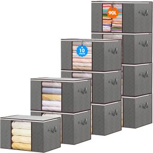 10 Pack Clothes Storage Bags 90L Foldable Storage Containers Comforter Bags for Closet Storage with Clear Window and Reinforced Handles Blanket Storages Clothes Bins for Closet Bedding Comforter