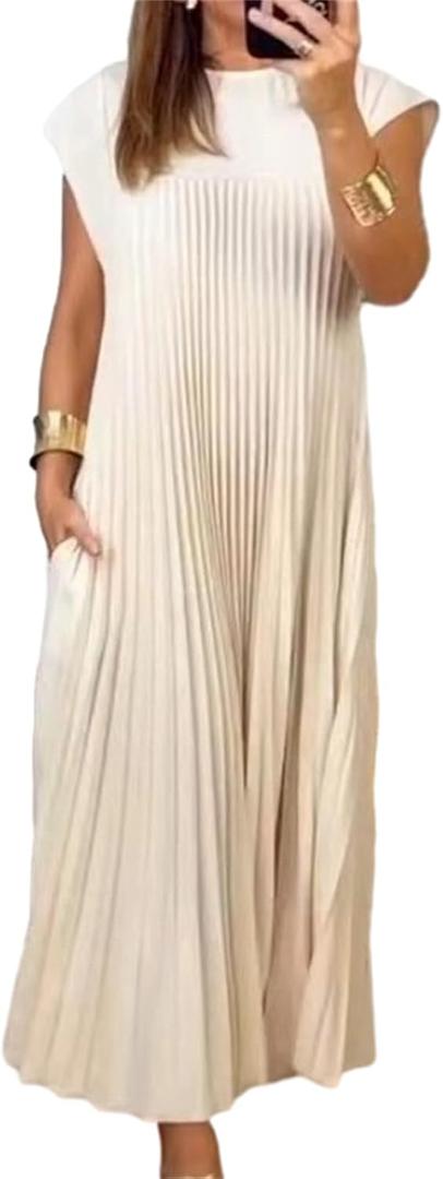 KEOMUD Women Summer Pleated Maxi Dress Casual Short Sleeve Crewneck Flowy Swing Long Dress with Pockets (Medium, Beige)