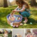 Easter Basket with Grass, 12 Plastic Eggs and Bunny Charm, Medium Oval Wicker Picnic Gift Basket with Lined Interior for Kids Egg Hunt, Candy, Toys, Spring Decor and Table Centerpieces, Blue Gingham