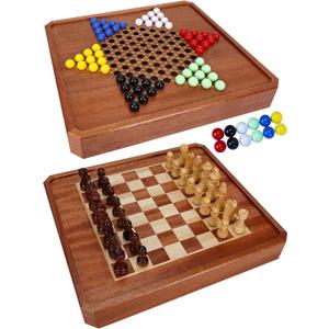 2 in 1 Magnetic Chess Set & 72 Marbles Chinese Checkers Board Game Set, 12" Wooden Board Game with Storage Drawer, Portable Travel Board Games for Adults, Kids and Beginners