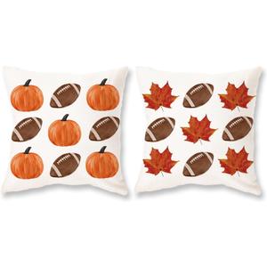 TAJWE Fall Pillow Covers 18x18 Inch Set of 2 Pumpkins Maple Leaves Football Autumn Pillowcases Farmhouse Decorative Seasonal Thanksgiving Cushion Cases for Sofa Couch Home Decor