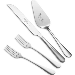 Silver Cake Cutting Set for Wedding, Cake Knife and Server Set, Bride & Groom Cutter Server Set and Forks, Birthday, Wedding, Bridal Shower Gifts for Couples