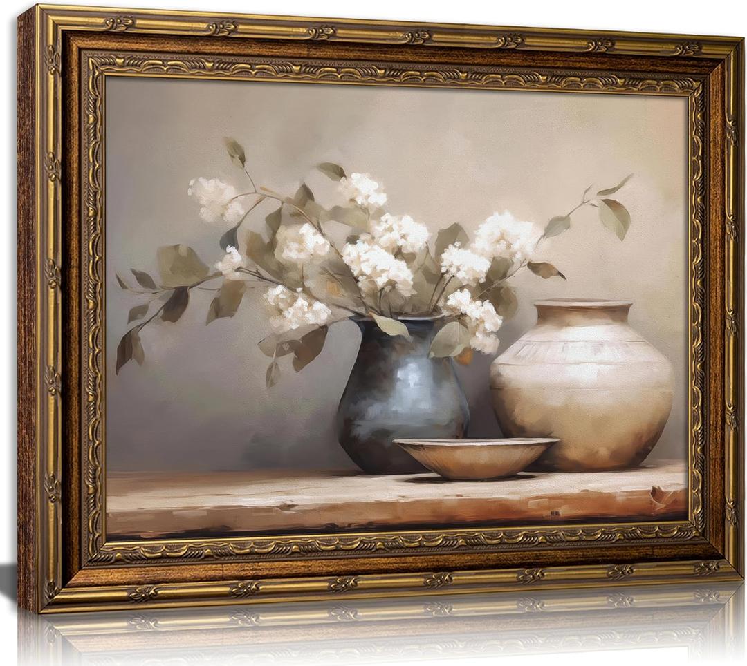 Vintage Gold Framed Canvas Wall Art Muted Hydrangea Flower Art Prints Hydrangeas in Vintage Vase Painting Pictures Pottery Still Life Floral Poster Artwork for Bedroom Living Room Wall Decor, 24"L x 16"W