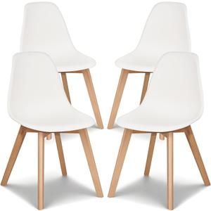 VECELO Dining Chairs Set of 4, Mid-Century Modern Kitchen & Dining Room Chairs, Molded Plastic Seat & Back, Solid Wood Legs, Armless, Non-Slip Feet, White
