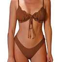 ZAFUL Women's Wrinkled Bikini Ruffles SolidTie Up Sexy Bikini Set Swimsuit Brown L