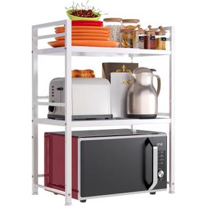 DOLALIKE Microwave Oven Rack, Expandable Microwave Stand Countertop Kitchen Utensils Tableware Storage, Carbon Steel Over Microwave Shelf Countertop 3 Tier with 3 Hooks (White)