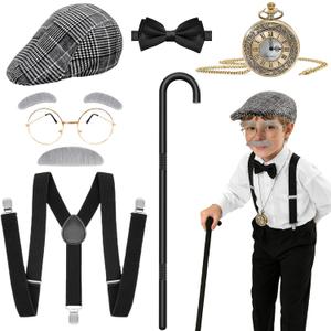 Lenski 100 Days of School Costume, Old Man Costume for Kids with Cane, Suspenders, Hat, Glasses, Tie & Pocket Watch (Gray)