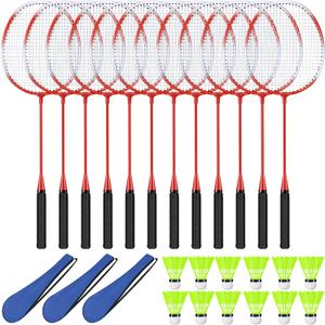 12 Pack Badminton Rackets Set Including Rackets, Nylon Shuttlecocks and Carry Bag for Outdoor Backyard Games Beginners (White-Red Cross)
