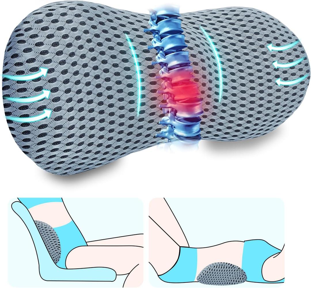 kasney Lumbar Support Pillow, Memory Foam Lumbar Pillow for Lower Back Pain Relief, Back Support Pillow for Office Chair, Car Seat - Gray