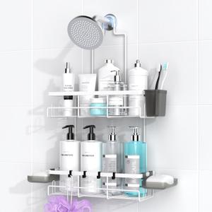 AKTECKE Shower Caddy Hanging Bathroom Organizer: Rustproof Shelf for Inside Shower - No Drilling Racks Over Showerhead - Bath Shelves for Shampoo Soap (White)