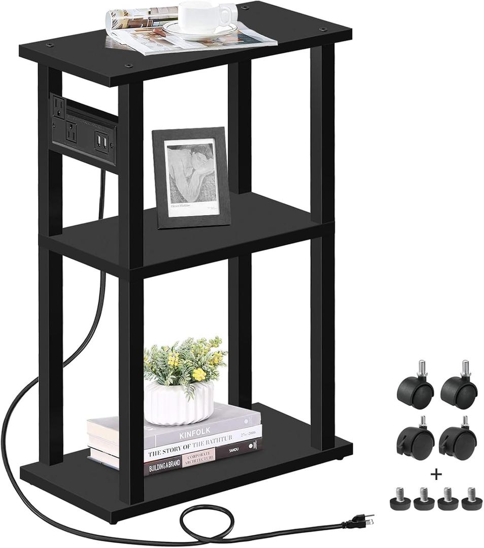 TUTOTAK Small Narrow Side Table with Charging Station, Skinny End Table for Small Spaces, Slim Nightstand with USB Ports and Outlet, Sofa Beside Table with Wheels, Black TB01BK046