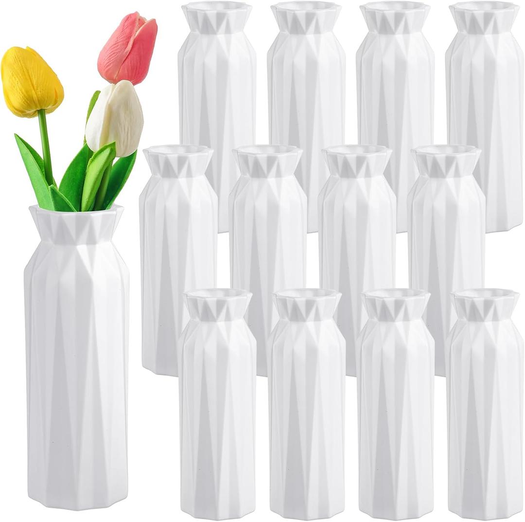 Hoolerry 12 Pcs White Flower Vases Bulk for Centerpieces Plastic White Bud Vase for Flowers Ceramic Look Flower Vase Decorative Tall Unbreakable Vase for Flowers Home Office Table(Simple Style)