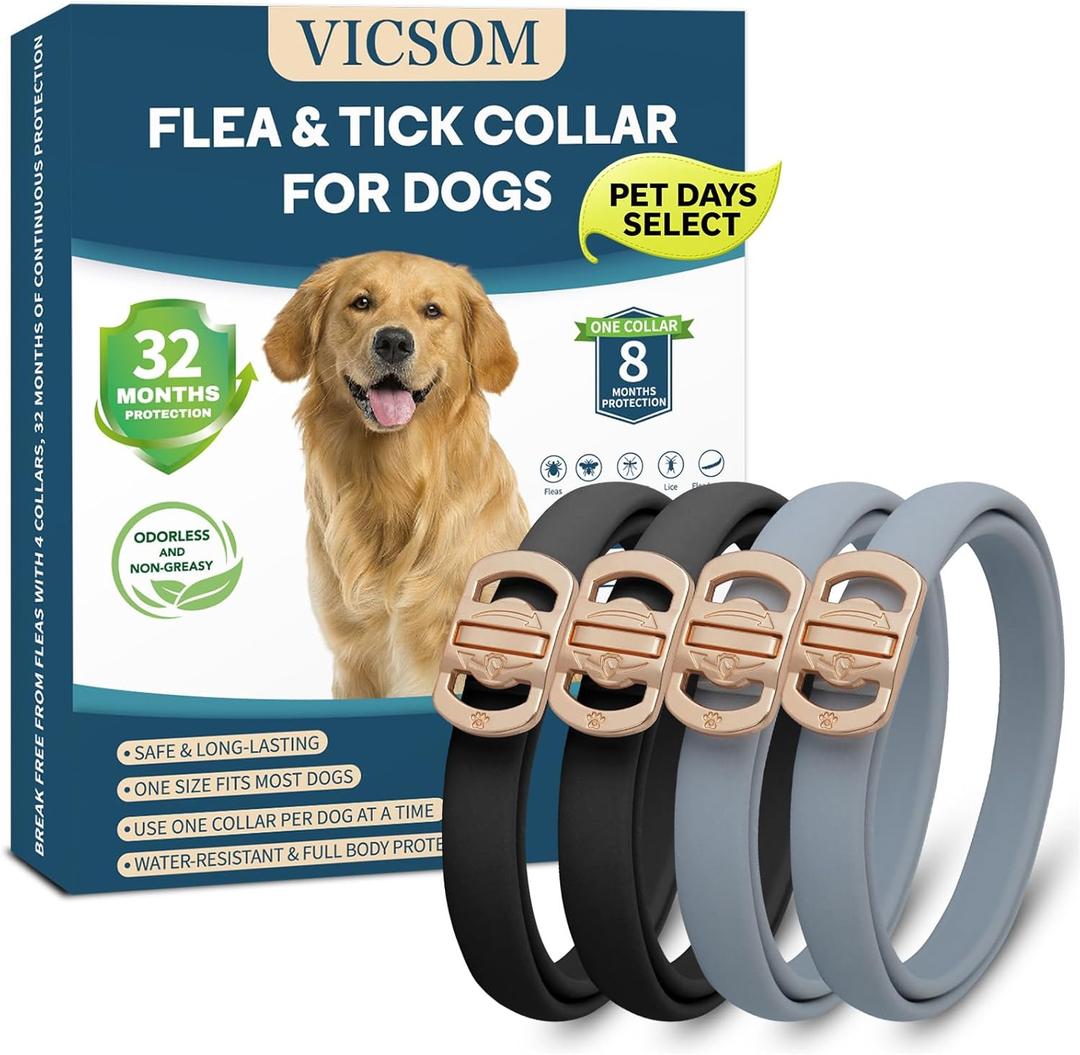Flea and Tick Collar for Dogs 4 Pack, 32 Months Prevention, Waterproof, Adjustable for Small Medium Large Dogs Puppies (Black and Grey)
