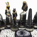 Egyptian Anubis Chess Set Black Silver and Gold Men with 16" Hieroglyphic Board
