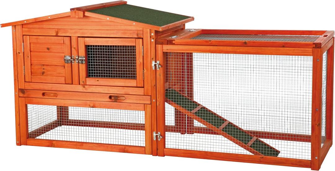 TRIXIE natura Outdoor Rabbit Hutch with Run - Small Elevated Rabbit Cage with Non-Slip Ramp - Small Animal House with Large Playpen, Hinged Roof & Pull-Out Tray - in Natural