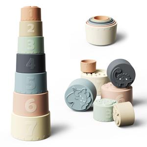 Moonkie Stacking Cups Toy, Fun Educational Baby Toys Silicone Soft Teething Toy, Age 6+ Months, 7 Piece Set (Fine Day)