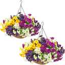 2 Set Artificial Outdoor Flowers with Hanging Baskets,24 Pcs UV Resistant Faux Petunias Flowers with Hanging Planter for Front Door Porch Spring Outside Decor (2, White,Yellow,Purple,RedViolet)
