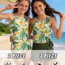 Cutemile 5-14 Years Girls Swimsuit 3 Piece Bathing Suit Quick Dry Tankini Set with Cover Up Beach Skirt Swimwear (6-7 Years, Tropical Holidays)