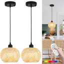 Boho Pendant Light Battery Operated, Rechargeable Woven Pendant Light with Remote, Rattan Pendant Light Fixtures for Kitchen Island, Wicker Hanging Lights for Dining Room, Bedroom, Hallway, Entryway. (7.87 in, Brown)