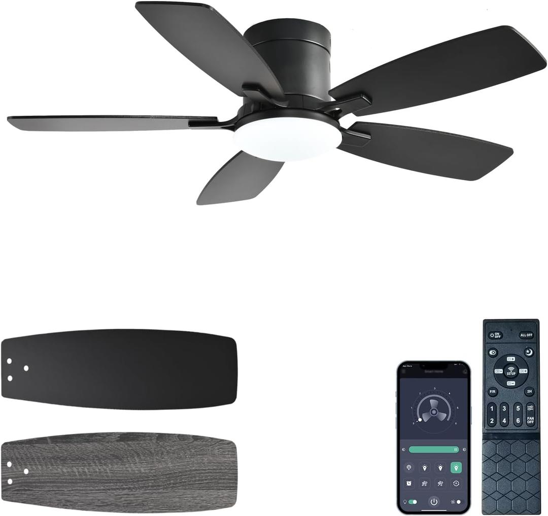 Ceiling Fans with Lights, 42 inch Low Profile Ceiling Fan with Light and Remote Control, Flush Mount, Reversible Motor, Dimmable, Noiseless, Black Ceiling Fan for Bedroom, Indoor/Outdoor Use