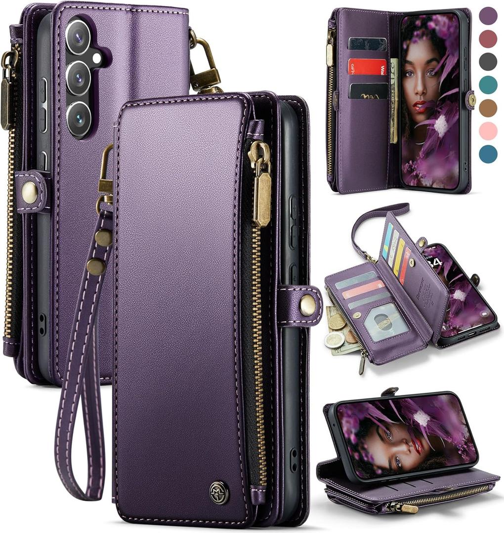 Defencase Compatible with Samsung Galaxy S23 FE 5G Case Wallet with RFID Blocking Card Holder for Women Men, PU Leather Magnetic Snap Flip Zipper Strap Wallet Phone Case Fit for Galaxy S23 FE, Purple