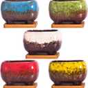 ARTKETTY Succulent Pots - 4.7 Inch Ceramic Succulent Planters Pots with Drainage Set of 5, Rectangular Bonsai Pots with Bamboo Trays Small Pots for Indoor Cactus Flower Plants for Home Office Decor