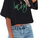 St Patricks Day Shirt Women Luck Shamrock Shirts Cute Saint Patricks Day Crop Top Irish Raglan Shirt (Black, S)