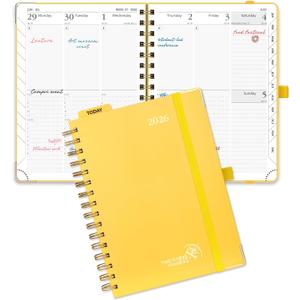 POPRUN 2026 Planner Daily Weekly and Monthly Calendar with Hourly Schedule(Medium Size 8.5'' x 6.25'' Wire-Bound Hard Cover) - Agenda 2026 (Jan.2026-Dec.2026), Monthly Tabs - Light Yellow