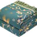 VANJOROY Boho 100% Organic Cotton Large Throw Blanket 50" x 60" - All Season Rustic Ultra Soft Breathable Floral Bird Blanket for Bed Sofa Couch Chair Bedspread Quilt Gift-Teal,Beige