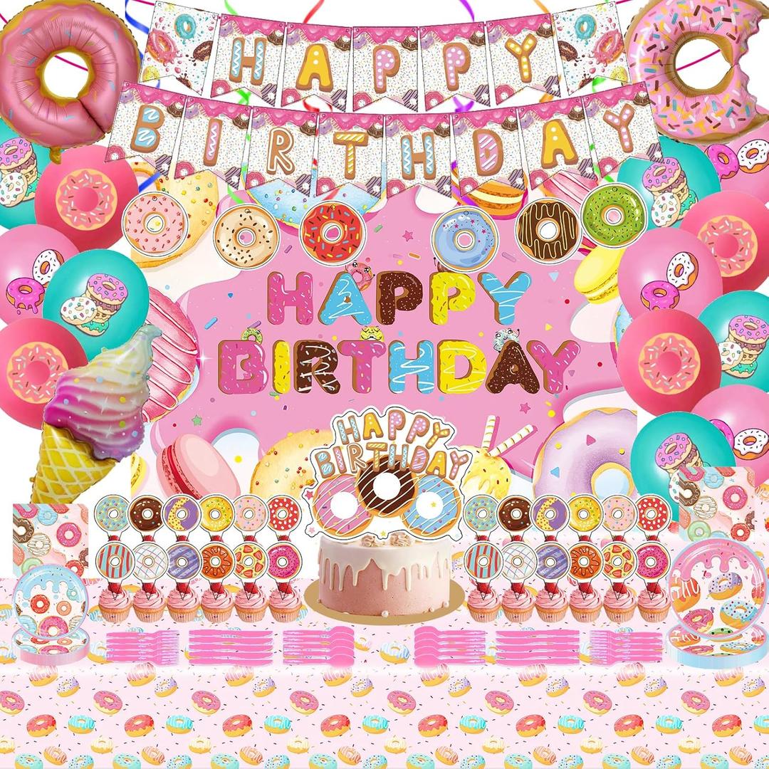 Donut Sweets Birthday Party Supplies, Donut Style Party Decorations Include Happy Birthday Banner, Backdrop, Tableware Set, Tablecloth, Cake Toppers, Cupcake Toppers, Latex Balloons, Hanging Swirls