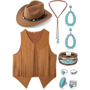 Suhine 9 Pack Western Outfits for Women Cowgirl Fringe Vest Boho Cowboy Hat Turquoise Jewelry Kit for Halloween Costume, Large