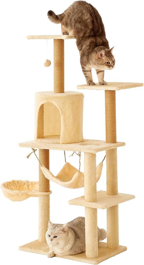 52 Inch Tall Cat Tree Tower with Scratching Post, Plush Condo with Scratching Post, Ramp, Perch, Spacious Cave, for Small Space