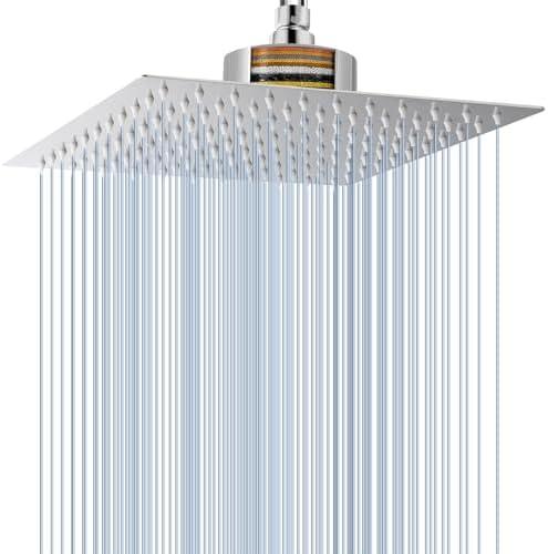 Voolan Rain Shower Head with Filtered - High Flow Large Rainfall Shower Heads Made of Stainless Steel - Waterfall Showerhead Filter For Hard Water (10" Chrome)