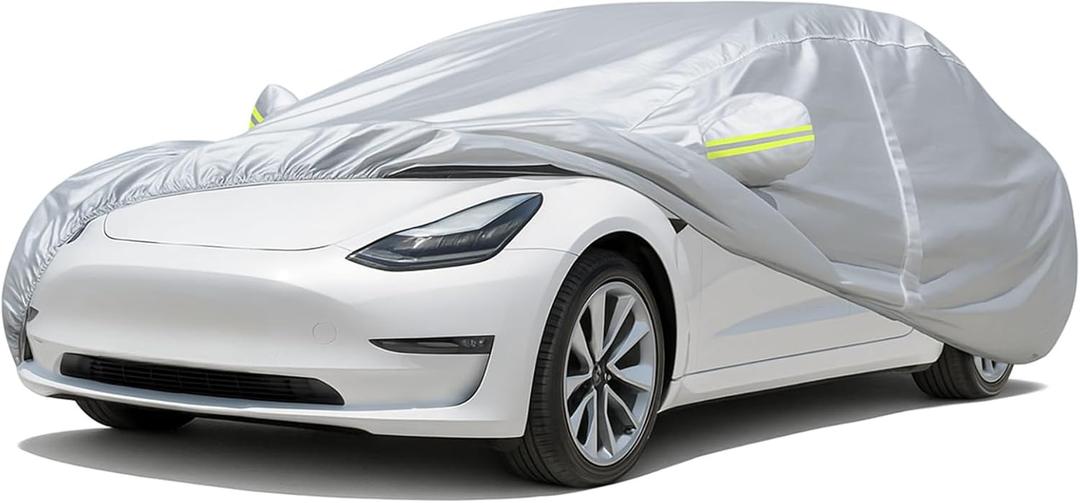 Favoto Car Cover for Tesla Model 3 - Custom Fit Vehicle Cover 6 Layers Waterproof Outdoor All Weather Snow Rain Sun Protection with Charging Port Ventilated Mesh Door Zipper (Silver)