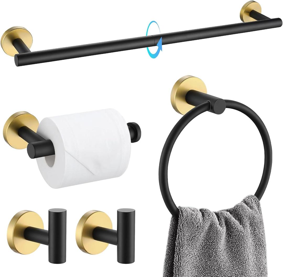 TQKAG Black and Gold Bathroom Accessory Set 5 Pieces, Round Stainless Steel Bath Towel Bar Set 23.6 Inch Towel Racks for Bathroom Wall Mounted