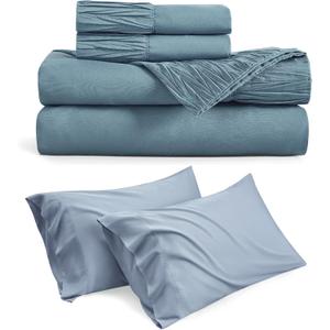 Bedsure Queen Sheet Set Mineral Blue Bundle Cooling Pillow Cases Queen Washed Blue