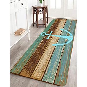 Bathroom Rugs, Kitchen Rug Non-Slip Soft Absorbent Bath Mats with Nautical Anchor Flannel for Bathroom Kitchen and Hallway 24 inches X 71 inches Turquoise/Brown